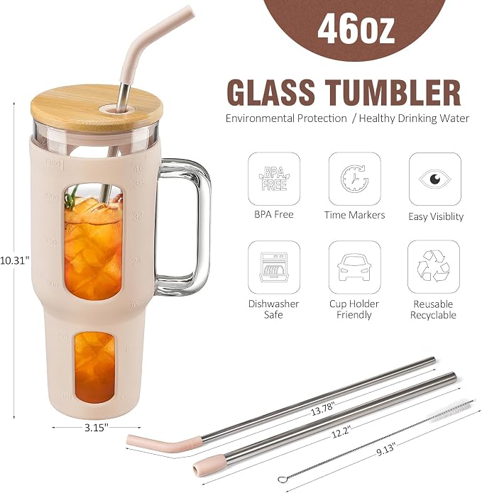 WINSA Glass Tumbler with Lid and Straw, 46 oz, Amber | Iced Coffee Cup with - Image 4