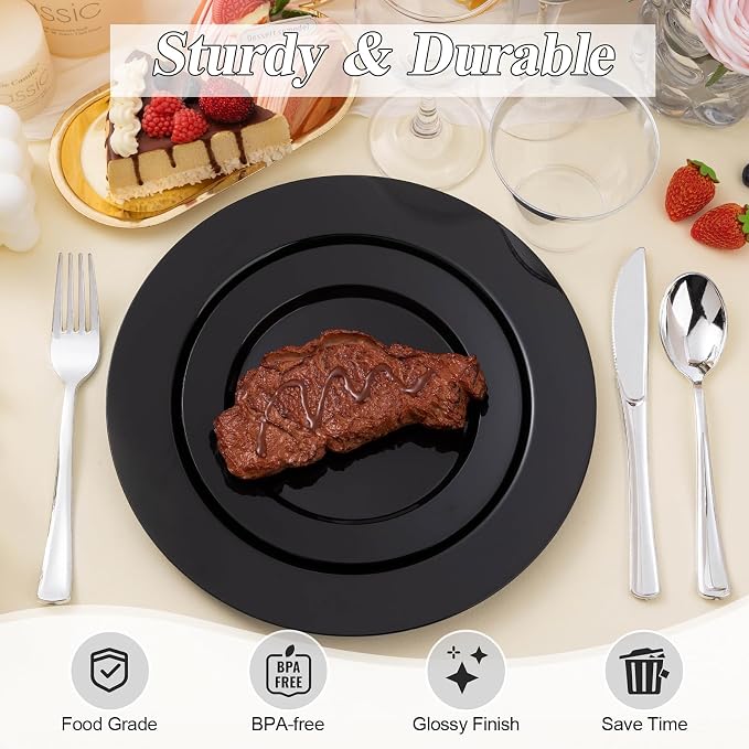 BESTSTAR 200PCS Black Plastic Plates Set | 100 10.25 inch Dinner Plates and 100 - Image 4