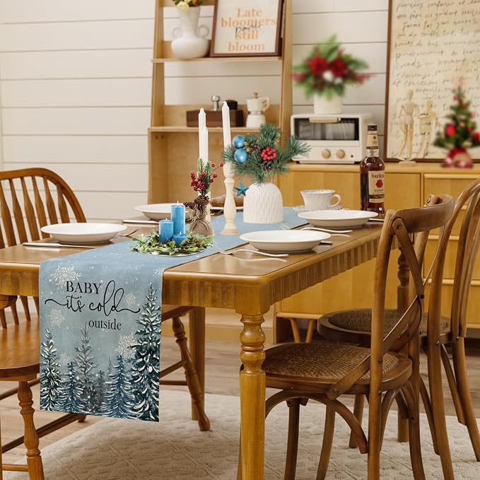 Winter Baby It's Cold Outside Table Runner Pine Tree Snowflakes Burlap Table - Image 2