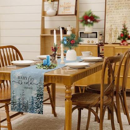Winter Baby It's Cold Outside Table Runner Pine Tree Snowflakes Burlap Table - Image 2