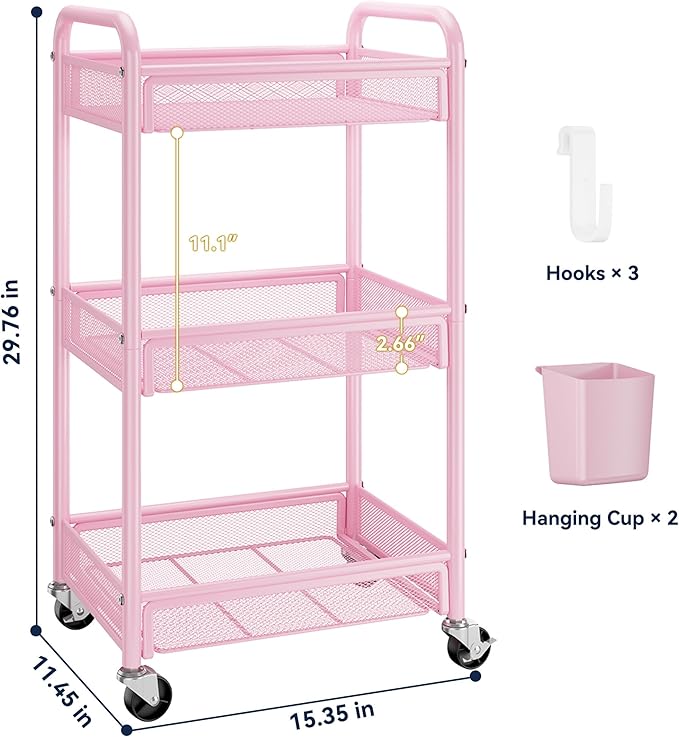 3 Tier Metal Rolling Cart, Art Workspace, Bedside Storage - Image 6