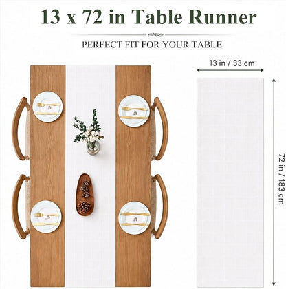 White Table Runner, Linen-Look Fabric, Subtle Check Pattern, Dining & Coffee - Image 4