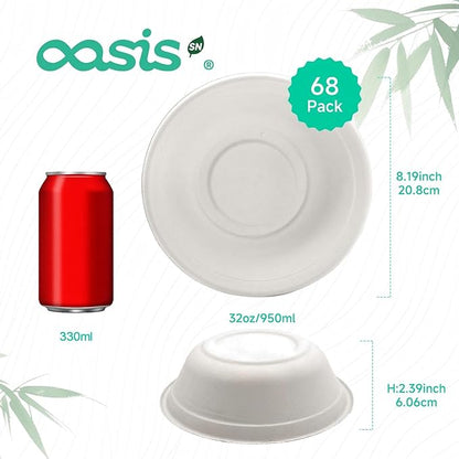 𝟯𝟮 𝗼𝘇, 𝟲𝟴-𝗣𝗮𝗰𝗸 Compostable Paper Bowls, Heavy-Duty Biodegradable Disposable Bowls Made from Bagasse, Eco-Friendly, Microwave & Freezer Safe (White)