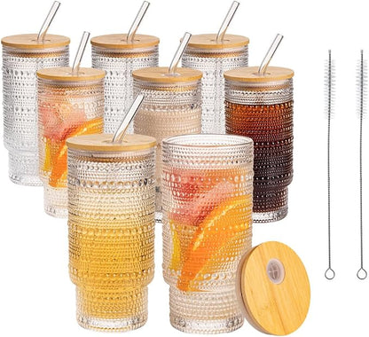 Drinking Glasses with Bamboo Lids and Glass Straw 8pcs Set, 16oz Glass Tumbler by Unknown