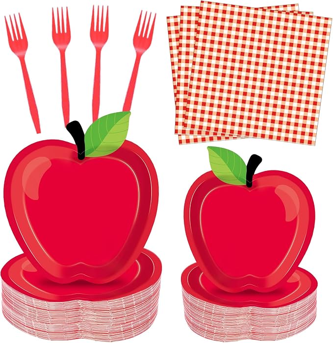100 Pcs Apple Party Supplies Set, Serves 25 – Disposable Apple-Shaped Paper by Merriva