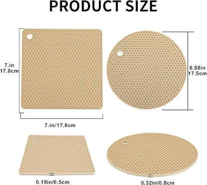 4 Pack Silicone Trivets for Hot Pots and Pans, Pot Holders Hot Pads, Non-Slip & Heat Resistant Silicone Mats for Kitchen Counter, Soft Durable Drying Mat, Jar Opener and Coasters (Beige)