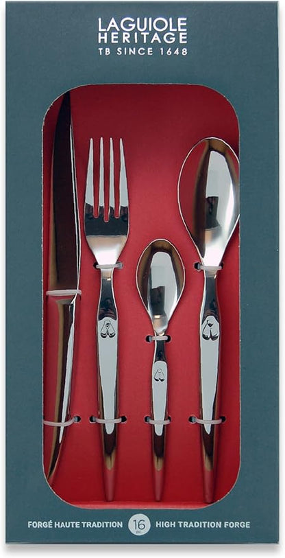Laguiole Heritage Dinnerware Set; Luxury French Flatware in Premium Stainless Steel; Features Knives, Forks, Spoons with Ergonomic Handles; Dishwasher Safe; 4 Person Sets; Silver, 16-Piece
