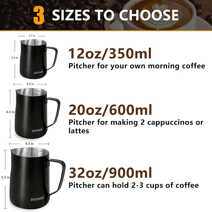 HOOMIL Milk Frothing Pitcher, 12oz/20oz/32oz 304 Stainless Steel | Steaming - Image 2