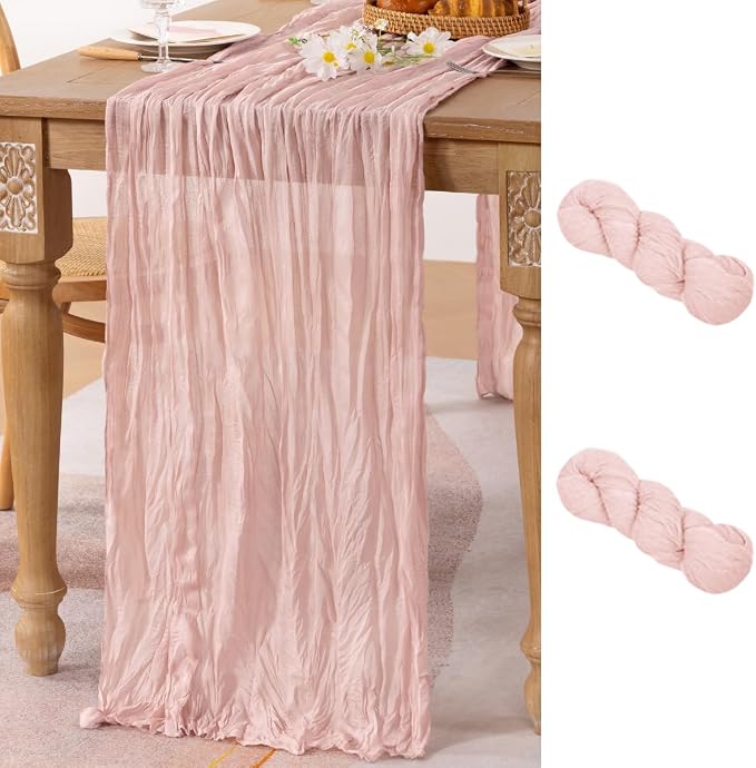 2 Pack Pink Table Runner 10ft Rustic Gauze Cheesecloth Table Decor | by MLMC