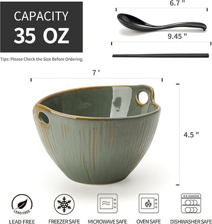 Ramen Bowl with Chopsticks and Spoons Set, 7 Inch Ceramic Noodle Bowl Set of 2, Dishwasher Safe for Pho Udon Soba Noodle Salad Pasta, Special Reactive Glazed Green Bowls Set