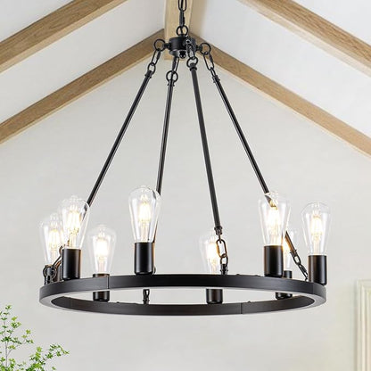 8-Light Wagon Wheel Chandelier, Farmhouse Chandelier Dining Room Light Fixture, Black Round Industrial Rustic Pendant Lighting, Vintage Hanging Lights for Kitchen Island Living Room Bedroom Entryway