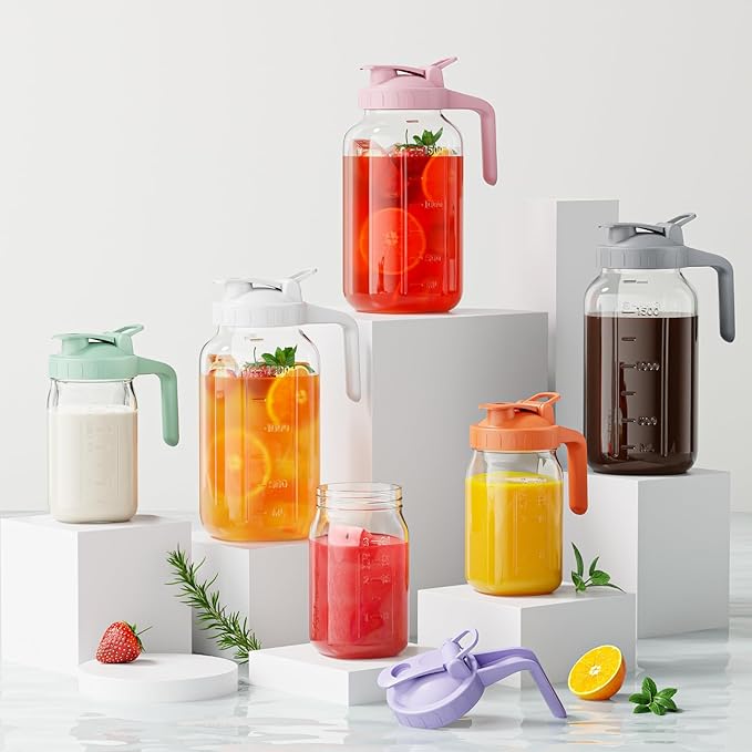 Glass Pitcher with lid, 64 oz Wide Mouth Mason Jar | Dual leak-proof lid - Image 6