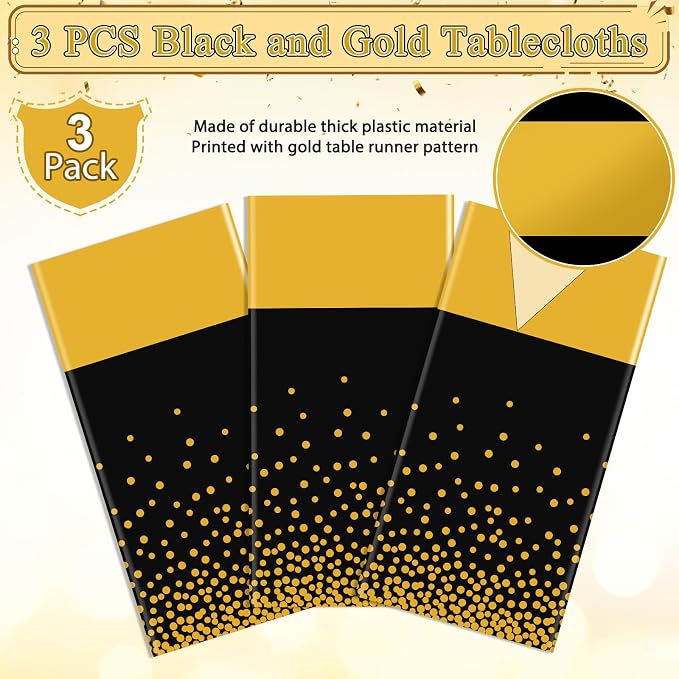 3Pcs Black and Gold Tablecloth Party Decorations, Plastic Black Table Cloth - Image 4