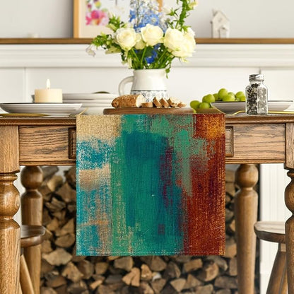 Artoid Mode Brown Blue Abstract Modern Art Table Runner, Seasonal Farmhouse by ArtoidMode
