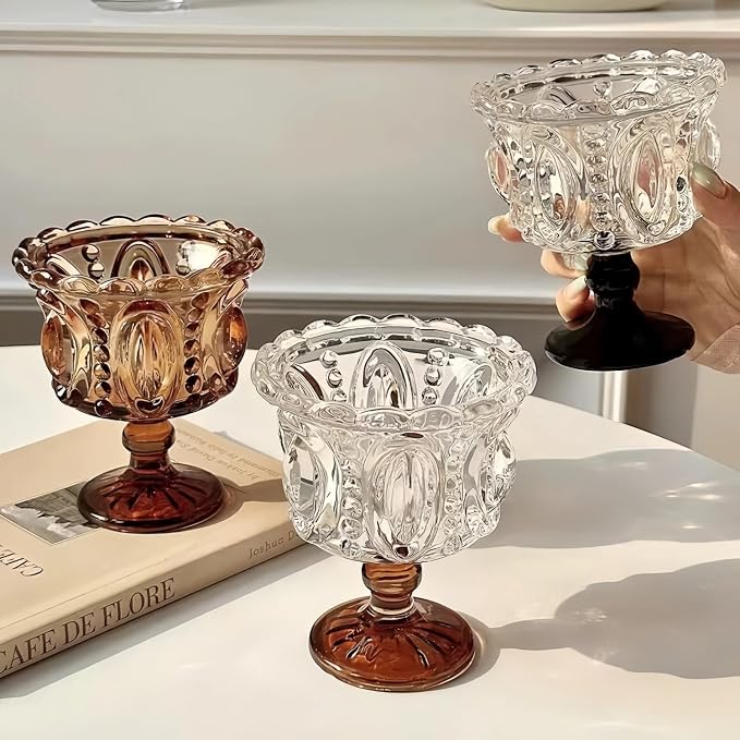 Carnival Glass Vintage Footed Dessert Cups Set of 2, 9oz Embossed Goblet - Image 6