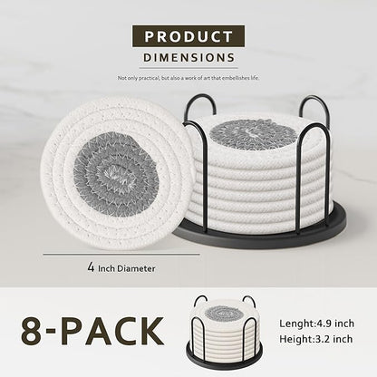 Coasters Set of 8 for Drinks, Beer, Coffee, Cotton Woven Absorbent Coaster with Holder, Boho Coasters for Home Decor Tabletop Protection Suitable for Kinds of Cups, White & Grey