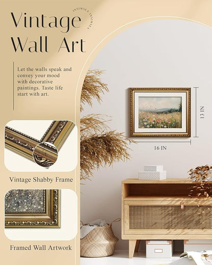 InSimSea Gold Picture Framed Wall Art, Living Room Vintage Field of Wildflowers Wall Decor, Nature Landscape Canvas Print Art, Home Farmhouse Decor, Antique Paintings with Frame 13x16inch