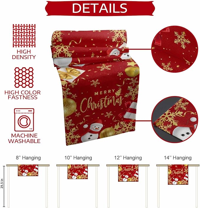 Merry Christmas Table Runner 108 Inches Long, Xmas Balls Snowman Snowflake - Image 7