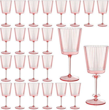 24 PCS Pink Plastic Wine Glasses with Removable Stems 13.5 OZ Ribbed Wine Glass Set Square White Wine Glasses Muted Pastel Colors Goblets Elegant Fluted Glassware for Wedding(Pink, 24 Pack)