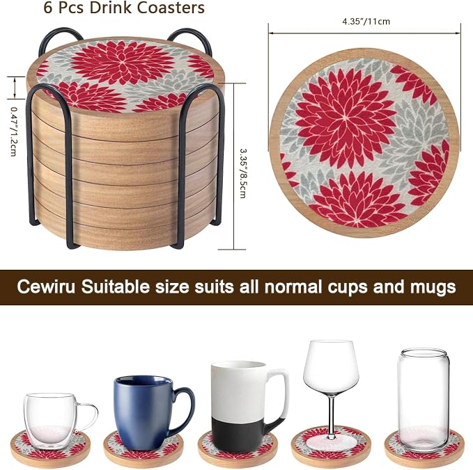 Wood Coasters Set of 6 with Holder, Cewiru Cup Mat - Image 6