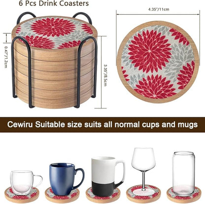 Wood Coasters Set of 6 with Holder, Cewiru Cup Mat - Image 6