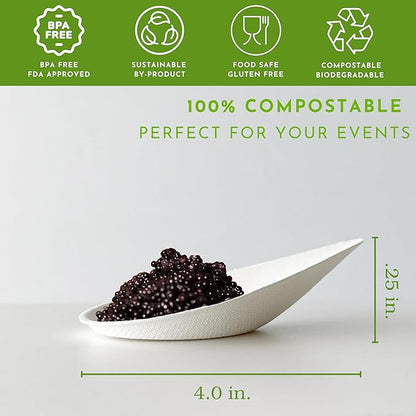 50 Pack Tiny Sugarcane Tear Spoon White Mini Eco-Friendly Tear Drop Serving Tray Disposable Plates Mini Appetizer Plates Sustainable Eco-Friendly Catering Supplies for Weddings CMJJ