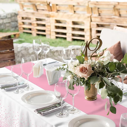 16Pack Disposable Plastic Tablecloths and Satin Table Runner Set White and Pink - Image 4