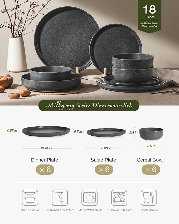 Famiware Milkyway 18-Piece Stoneware Dinnerware Set, Matte Dark Charcoal | - Image 2