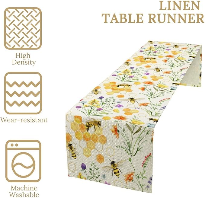 Summer Bee Table Runner, Seasonal Spring Wildflowers Bee Yellow Honeycombs - Image 3