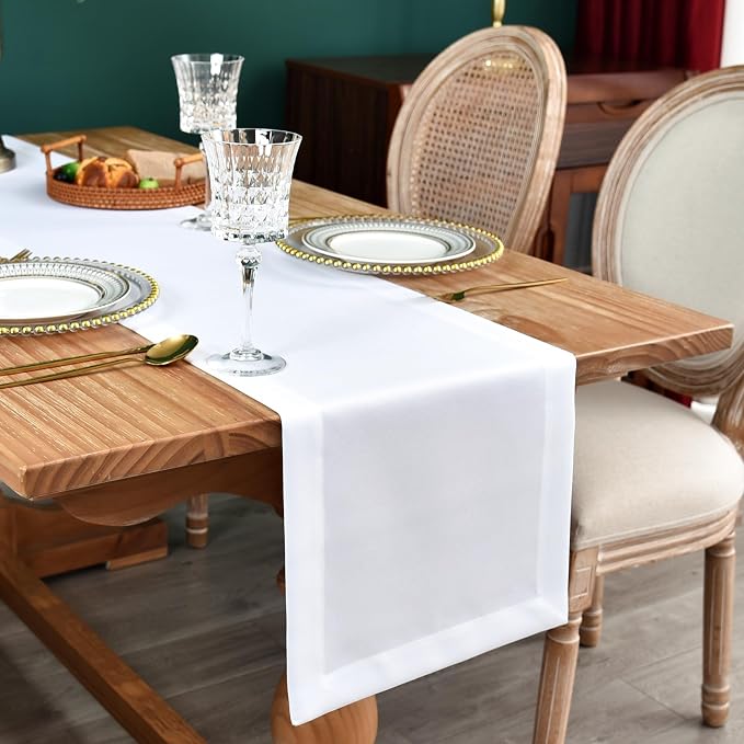 NEWISHER Farmhouse Rustic Faux Linen Solid White Table Runner 13x60inch | White by Newisher
