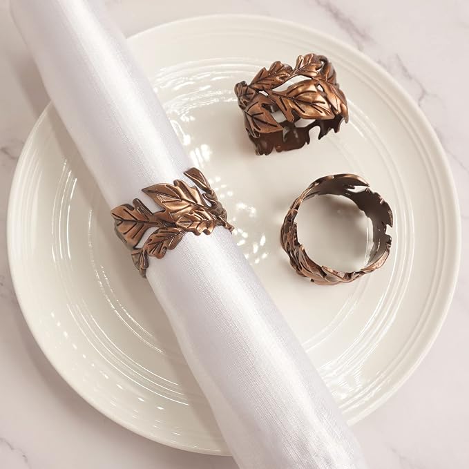 Leaf Shape Napkin Rings Set of 6, Bronze Napkin Rings Metal Napkin Ring Holders - Image 2