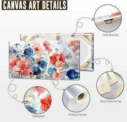ADJUVANT Wall Art Watercolor Vibrant Floral 48"L x 24"W, Colorful Poppies With Soft Hues Canvas Painting Lively Blooms Artwork Delicate Tones Prints Wall Decor for Living Room Bedroom Bathroom Home Office