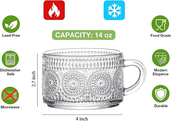 Mfacoy Vintage Coffee Mugs Set of 2, 14 oz Embossed Glass Cups - Image 2