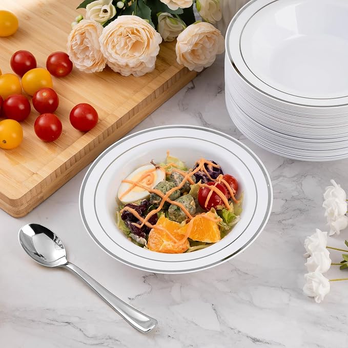 100 Pack Plastic Bowls with Silver Rim | 12oz Disposable Soup Bowls, Heavy Duty - Image 3