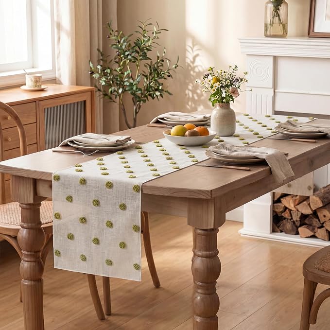 Artoid Mode Green Pom Pom Tulle Table Runner, Seasonal Washable Kitchen Dining - Image 5