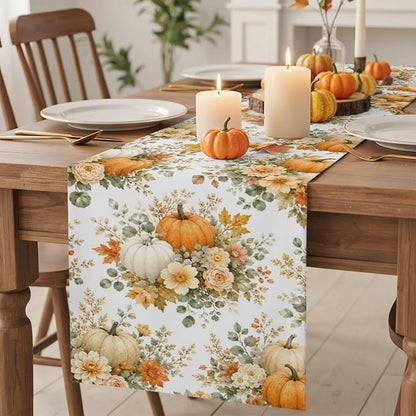 Thanksgiving Table Runner 72 Inches Long, Autumn Floral Leaves Kitchen Dining - Image 2