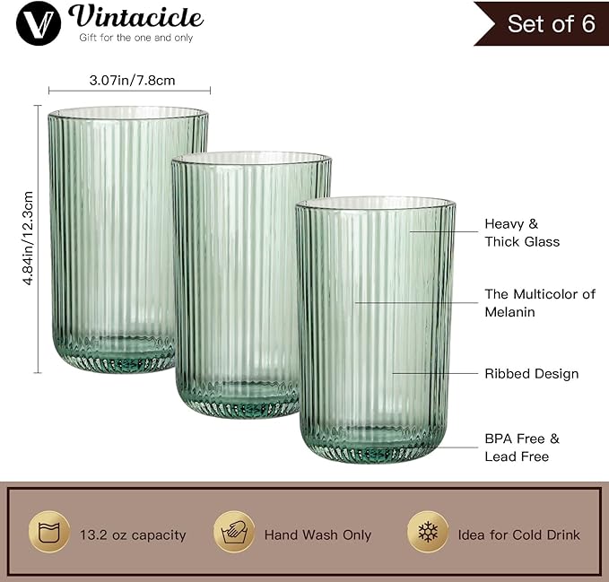 Green Ribbed Highball Glasses Set of 6, 13.2oz Sage Green Colored Glassware - Image 2