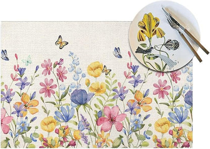 Spring Floral Placemats 12x18 Inches Set of 4 Colorful Flower Butterfly Decorative Rectangle Table Mats Summer Colorful Linen Place mats for Party Home Kitchen Dining Table Decor