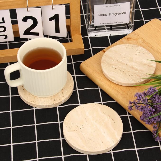 Natural Travertine Coasters Set of 4, 4 inch Round Stone | Stone Coasters - Image 8