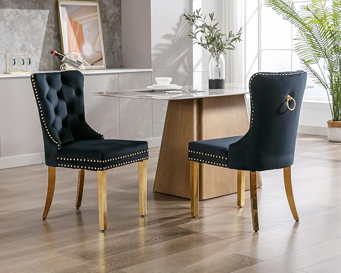 KCC Velvet Dining Chairs Set of 2, Upholstered High-end Tufted Dining Chair with Nailhead Back Ring Pull Trim Stainless Steel Legs, Contemporary Nikki Collection Modern Style for Kitchen, Black