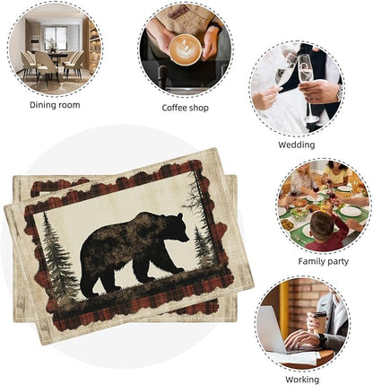 Bear Placemats Set of 4, Farmhouse Cabin Place Mats, Country Rustic Wild Animal Waterproof Washable Table Mats for Home Party Indoor Kitchen Dining Table Decoration 12x18 Inch