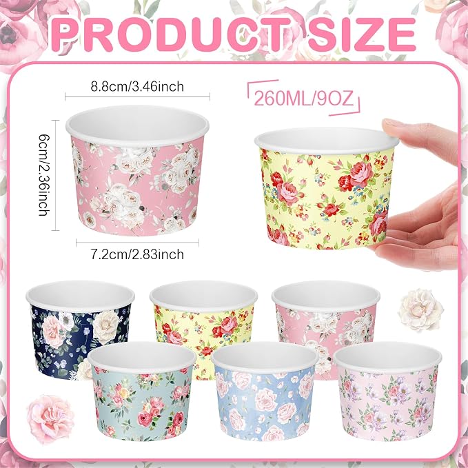CHENGU 180 Pcs Floral Snack Cups 9 oz Disposable Floral Paper Dessert Bowls - Image 2