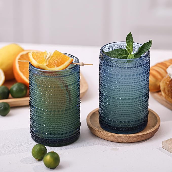 Moretoes 15oz Blue Vintage Hobnail Drinking Glasses Set of 6 | Highball Glass - Image 4