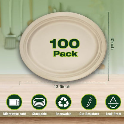 Ginkgo 100 Pack Oval Heavy Duty Paper Plates 12 Inch, Disposable Large Paper Plates Bulk for BBQ, Party, Picnic, Dessert, Thanksgiving and Every Day