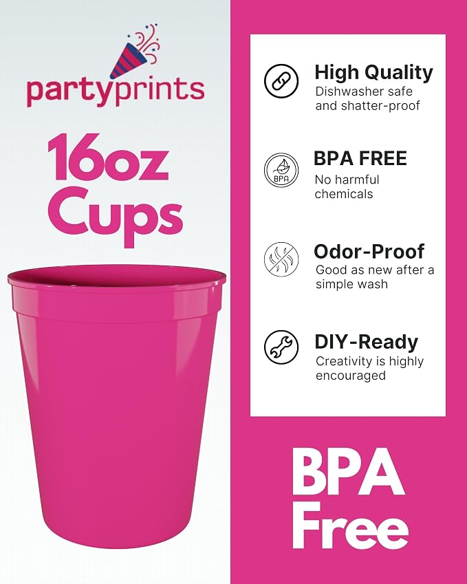 PartyPrints 100 Pack 16 oz Neon Pink Reusable Blank Plastic Cups, Stadium Cups - Image 2
