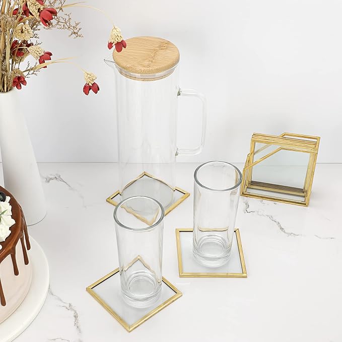 JUXYES Set of 7 Gold Brass Clear Glass Round Coaster - Image 8