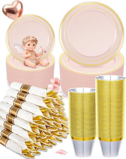 350PCS Pink Plastic Dinnerware Set, Disposable Party Plates for 50 Guests, Include: 100 Pink and Gold Plastic Plates, 50 Pre Rolled Napkins with Gold Silverware, 50 Cups for Wedding, Christmas