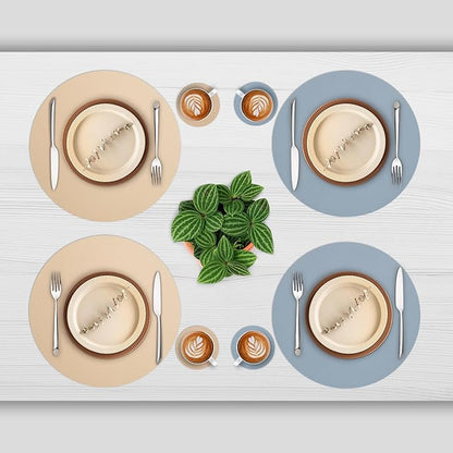 Myir JUN Round Placemats Set of 6 Faux Leather Place Mats and Coasters 15 inch Round Table Mats Dual Sided Non-Slip Stain Resistant Placemats (Camel Yellow & Blue, Set of 6)
