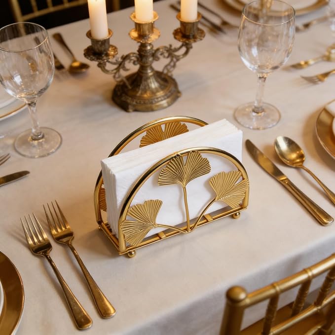 Elegant Iron Ginkgo Leaf Cocktail Napkin Holder Tabletop Decor Dispenser | - Image 7