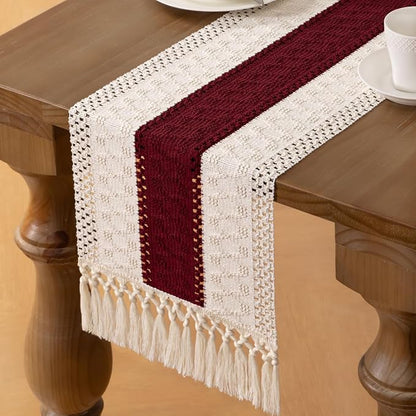 MLMW Boho Ivory Burgundy Table Runner Farmhouse Burlap Small Table Runner - Image 2
